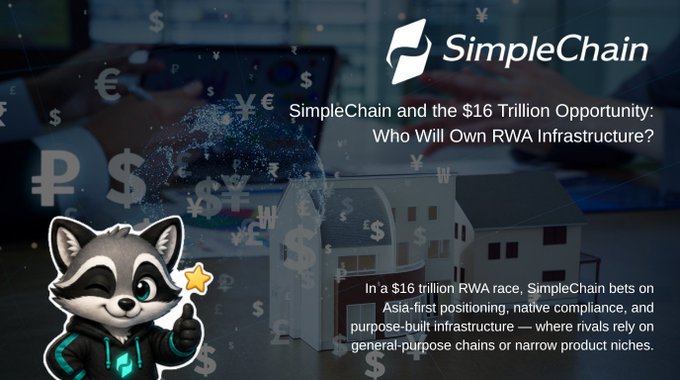 A SimpleChain promotional graphic titled 'SimpleChain and the $16 Trillion Opportunity: Who Will Own RWA Infrastructure?' featuring a cartoon raccoon mascot and a house model.