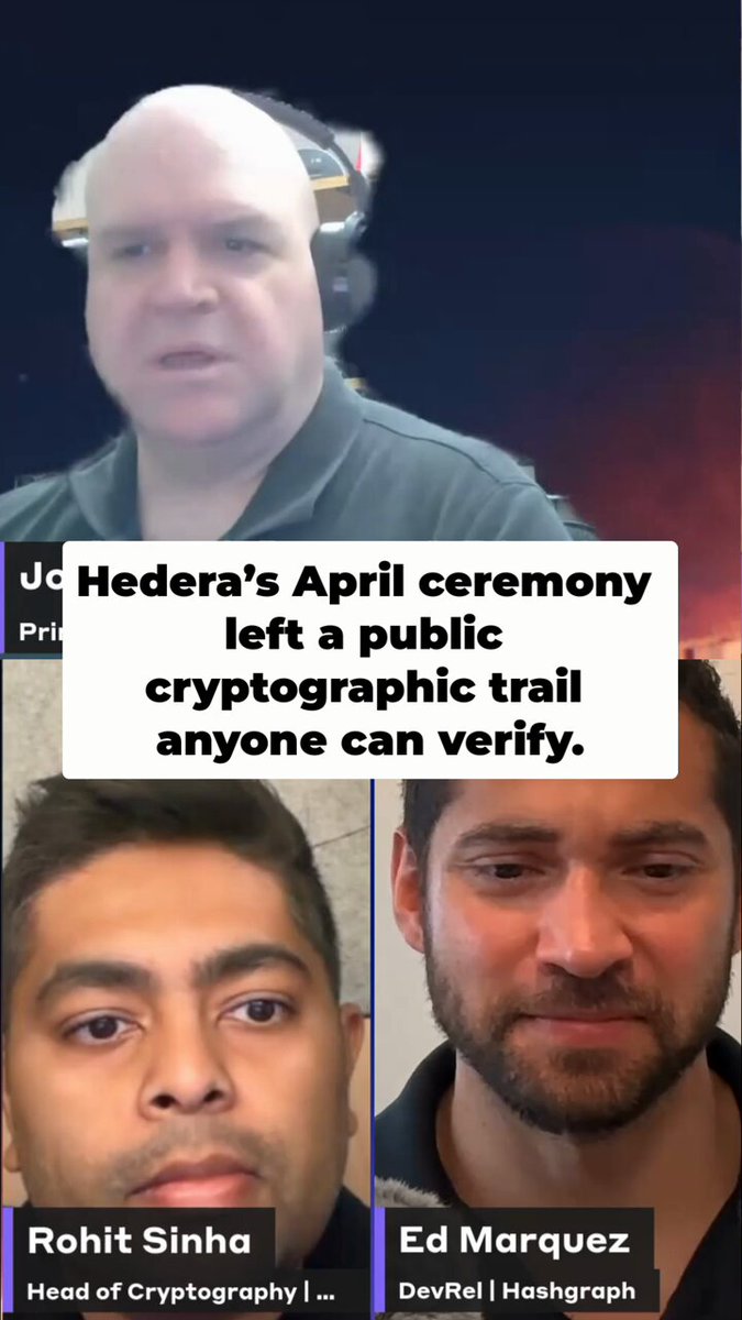 The image shows a video of two men wearing headphones, both looking at their phones while the camera captures them from an overhead perspective. They are surrounded by text that reads "Hedera's April ceremony left a public cryptographic trail anyone can verify". The first man appears to be positioned above and slightly ahead of the second man in the image, with a focus on their faces as they navigate through the text.