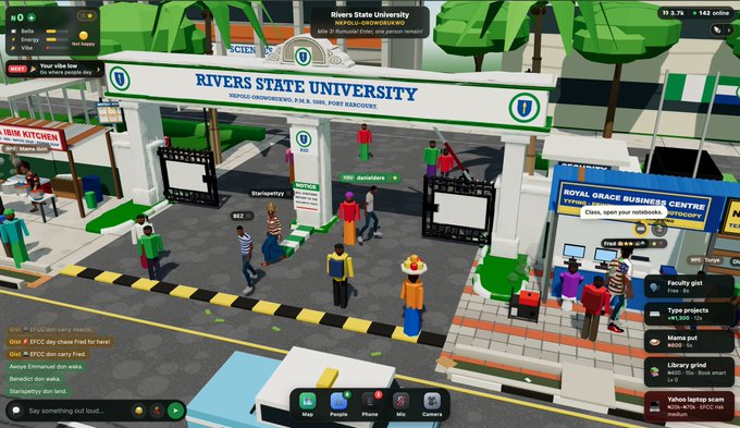A screenshot of the PH Lifestyle virtual world shows the "Rivers State University" gate entrance where avatar students walk in, with neighboring stalls labeled "Mama Kitchen" and "Royal Grace Business Centre," while the chat sidebar displays messages like "EFCC don carry Awada," "EFCC dey chase Fred for hand," and a counter showing 142 online — directly illustrating the post's references to walking into RSU, eating at mama put, and watching EFCC pursue Fred in the Garden City simulation.