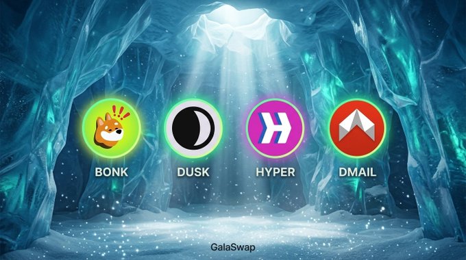 The image showcases new tokens BONK, DUSK, HYPER, and DMAIL, which are now live on GalaSwap. The graphic features the logos of these tokens displayed within an icy, cave-like environment, directly reflecting the announcement of their availability for trading on GalaSwap.