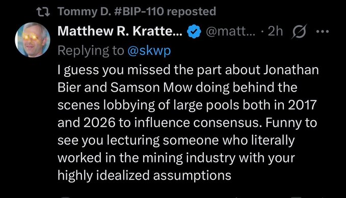 Twitter/X screenshot of Matthew R. Kratte... (@matt...) replying to @skwp, discussing Jonathan Bier and Samson Mow's behind-the-scenes lobbying of large pools in 2017 and 2026.