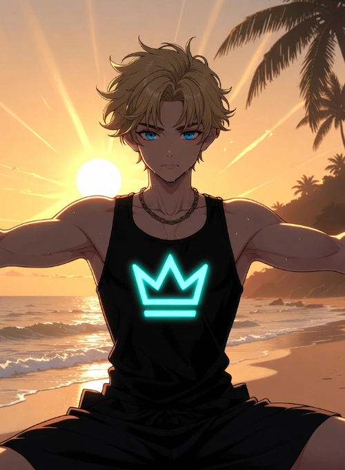 The image features a young man with blue eyes sitting on the beach at sunset, wearing a black tank top with a crown design. The sun is setting behind him, creating a beautiful backdrop for his pose. The caption above the image reads "GM CT Crypto has created thousands of financial applications, but users still have to jump between wallets, bridges, and various blockchains". This suggests that the man's attire could be related to cryptocurrency or digital assets in some way.