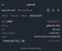 A dark-themed Vietnamese crypto trading app showing a transaction history for selling 1.500 USDT at a rate of ₫39,574.153.