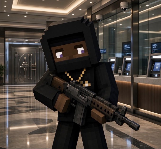 A 3D-rendered Minecraft-style character in a black hoodie and gold chain holding an assault rifle, standing in what appears to be a bank lobby with ATMs and a vault.