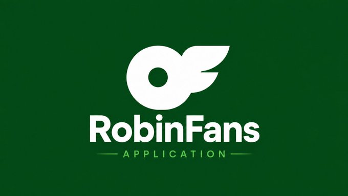 The image displays the RobinFans Application logo in white against a green background, featuring a stylized winged "0" or "o" icon above the text "RobinFans APPLICATION." This branding aligns with the post announcing the RobinFans NFT mint, scheduled for 4 PM UTC with a free mint and 3333 supply in honor of Robinhood.