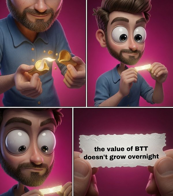 A 3D animated comic shows a man breaking a fortune cookie, examining the paper inside, and reacting as it reads 'the value of BTT doesn't grow overnight'.