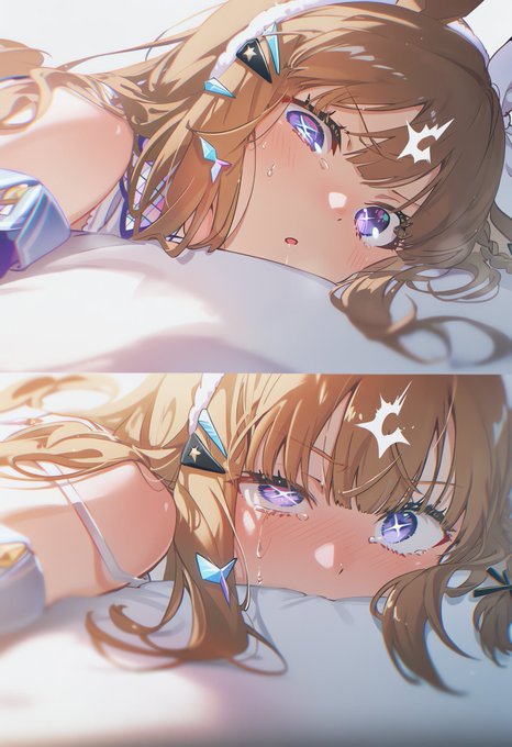 Two panels of anime artwork show a close-up of a brown-haired girl with sparkling purple eyes blushing with a tear in her eye.
