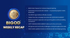 The image features a blue background with white text that reads "BIGOD Weekly Recap" at the top, followed by a list of updates and activities related to the Bitcoin token. The text also includes mentions of an app reveal, partnerships, community rewards, and other updates within the ecosystem.