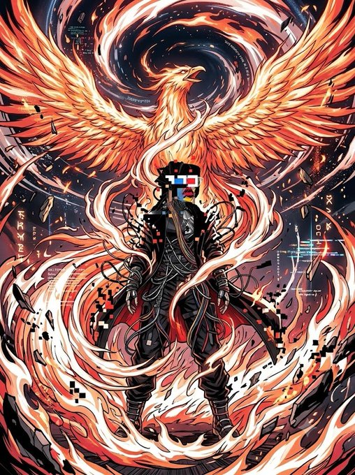 A cyberpunk-style figure with a glitched, pixelated face stands amid swirling flames, with a fiery phoenix rising behind them, while digital UI elements display the text "TRYMEE" on either side, visually echoing the "R3333" reference through its futuristic, numbered aesthetic.