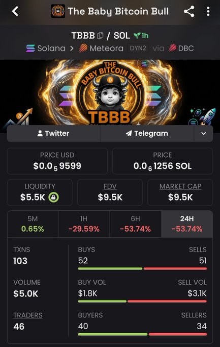 Trading interface for "The Baby Bitcoin Bull" (TBBB) token on Solana via Meteora, showing a price of $0.0₅9599 USD / 0.0₆1256 SOL, $9.5K market cap, and steep declines: -29.59% (1H), -53.74% (6H), and -53.74% (24H), with 52 buys and 51 sells across 46 traders.