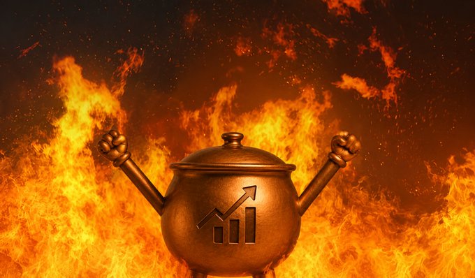 A surreal digital artwork of an angry bronze pot with muscular arms raised in a flexing pose, displaying a rising bar chart symbol on its front, set against a backdrop of raging flames.