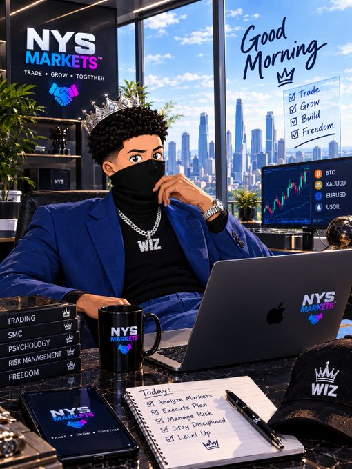 A stylized image of a person wearing a blue suit and a black face covering, seated at a desk with a laptop branded 'NYS MARKETS', surrounded by books on trading and psychology, with a checklist titled 'Good Morning' and a to-do list for the day.