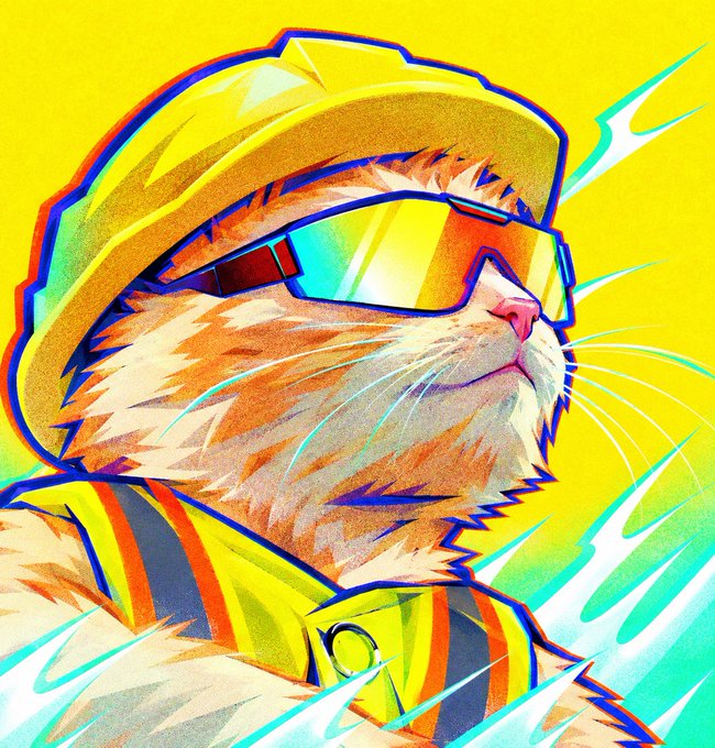 A stylized digital illustration of an orange and white cat wearing a yellow construction hat and futuristic reflective sunglasses against a bright yellow background.