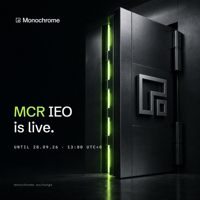 A promotional advertisement for Monochrome exchange announcing 'MCR IEO is live' until 28.09.26 at 13:00 UTC+8, featuring a dark vault door with green light streaming through.