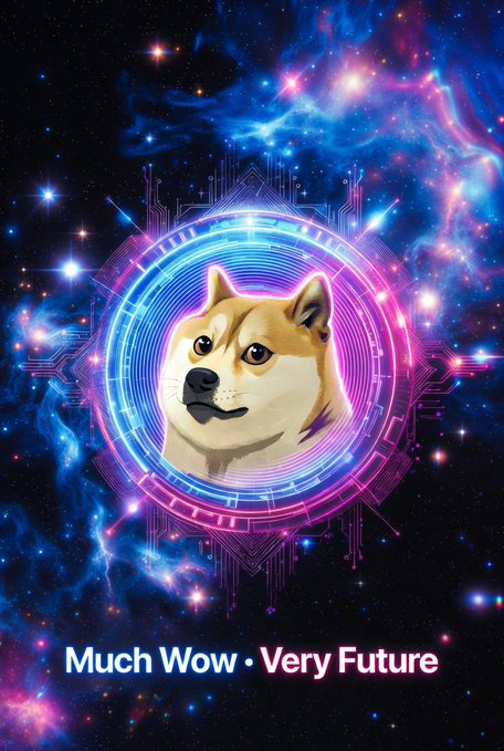 The image features a cartoon dog with brown fur, looking directly at the camera. It's positioned inside a circle that has blue and pink colors surrounding it. The background of the image is filled with stars and other elements from outer space. Below the image, there is text that reads "much woow - very future".