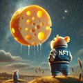 A whimsical digital illustration of a small bear-like figure wearing an NFT shirt standing beneath a large yellow moon.