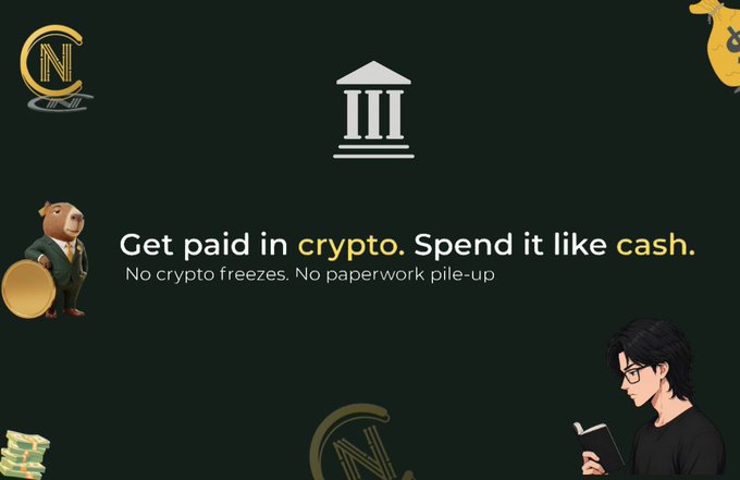 A dark-themed advertisement featuring the text 'Get paid in crypto. Spend it like cash. No crypto freezes. No paperwork pile-up' alongside an animated bull mascot and a person reading a book, with a bank building icon at the top.