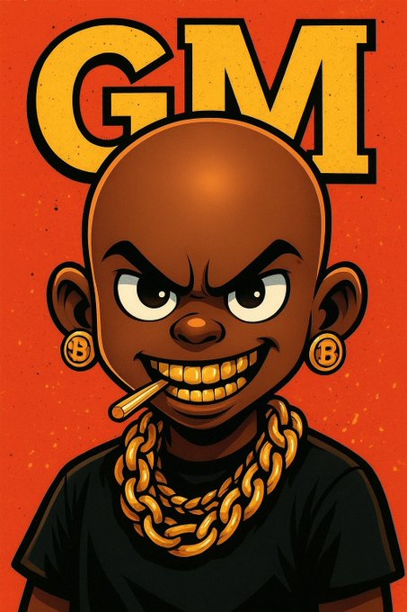 A cartoon illustration of a bald character with a wide gold-toothed grin, wearing gold chains and earrings with 'B' symbols, set against an orange background with 'GM' text at the top.