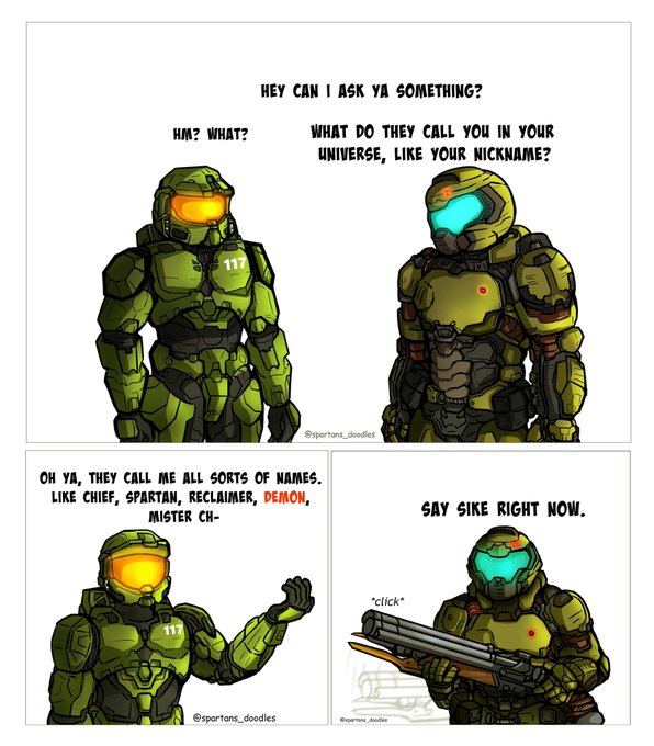 A four-panel comic shows Spartan 117 (Master Chief) asking Doomguy what he's called in his universe; Doomguy lists names like Chief, Spartan, Reclaimer, and Demon before Master Chief tells him to "say Bike" and he readies his shotgun. The image humorously riffs on the viral fan debate over whether Master Chief from Halo counts as a "Bike" meme, tying into the Halo franchise's relevance to the post about Sandy Petersen—a core Halo developer—launching a Solana game-fi project.