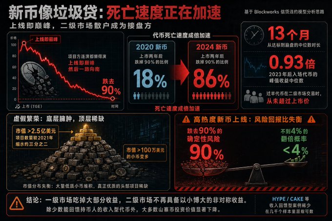 A Chinese-language infographic titled '新币像垃圾袋：死亡速度正在加速' analyzing cryptocurrency market trends, featuring a declining price chart, statistics showing 2020 coins declining 18% and 2024 coins declining 86%, a 13-month timeframe metric, and warnings about bottom-heavy investment pyramids with 90% certainty risk.