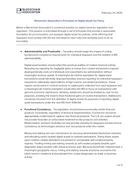 A document titled 'Blockchain Association Principles on Digital Asset Tax Policy', dated February 24, 2026, discussing taxation of digital assets.