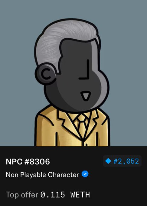 The image features a cartoon character wearing a suit, standing against a blue background with a caption that reads "i bought him for 0.001 eth and now someone wants my rich man for 0.115 eth why do people say send this collection to @npconchain explain pls". The post is about selling the character on eBay, as indicated by the text in the image.