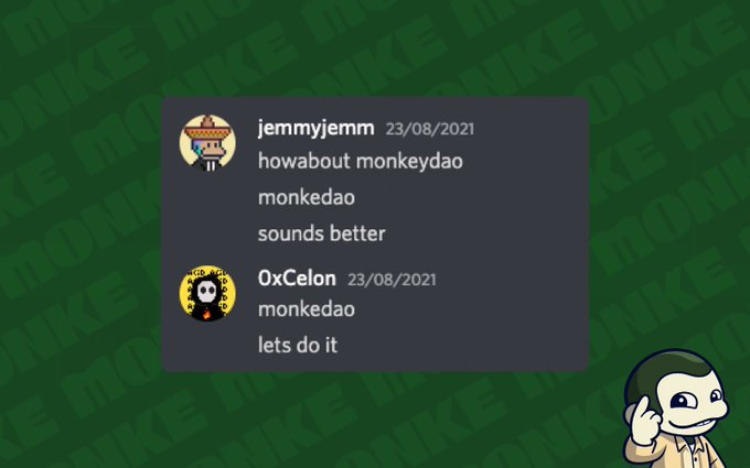 A screenshot of a Discord conversation between users "jemmyjemm" and "0xCelon" from 23/08/2021 discussing the name "monkeydao" / "monkedao".