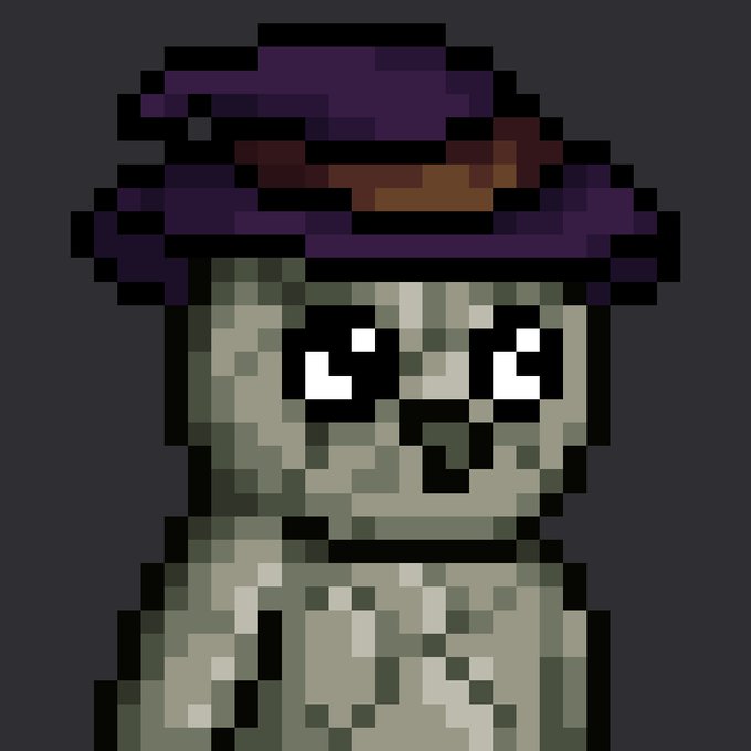 Pixel art of a zombie character with green skin, large hollow eyes, and a purple hat.
