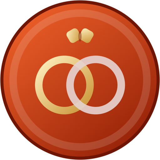 A circular icon with a red/orange gradient background featuring two interlocking gold wedding rings with small gem accents above them.
