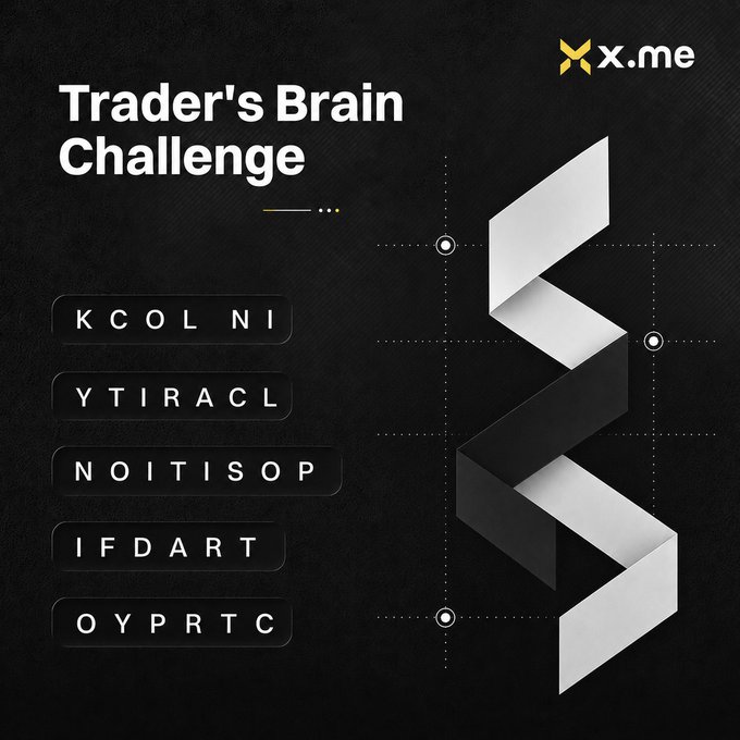 The image is a promotional graphic for the "Trader's Brain Challenge" by x.me, featuring five scrambled crypto and TradFi terms (KCOL NI, YTIRACL, NOITISOP, IFDART, OYPRTC) alongside a sleek black and white twisted ribbon design, inviting participants to unscramble the words for a chance to win $50 USDT as mentioned in the accompanying giveaway post.