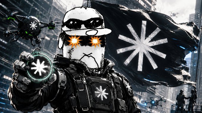 A stylized digital illustration of a soldier holding a star symbol, with an angry face drawn over a helmet, drone behind, and a flag with a star symbol in a dark futuristic cityscape.