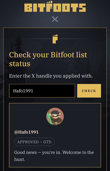 A 'BITFOOTS' web interface showing a verified approval status for the X handle 'Hafo1991' with a 'Good news — you're in. Welcome to the hunt.' message.