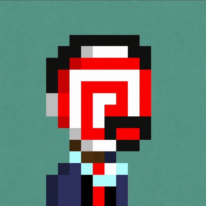 A pixel art portrait of a stylized figure with a red, white, and black helmet/mask design against a teal background.