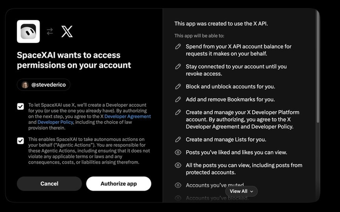 The image shows an X API authorization prompt for "SpaceXAI" requesting permission to access the account @stevedederico, with options to "Cancel" or "Authorize app." The app seeks permissions including spending from the user's X API account balance, blocking accounts, managing bookmarks, and creating lists. This aligns with the post about connecting a Grok bot to an X account to receive $100 in free X API credits, as authorization would enable bot functionality.