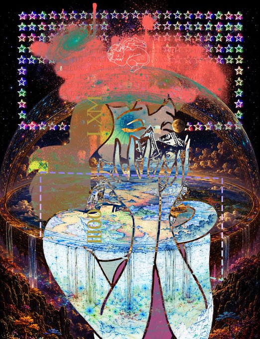 A vibrant mixed-media artwork featuring abstract cosmic imagery, stars, a skeletal figure, and the word 'WITH' amid colorful paint splashes and graffiti-like elements.