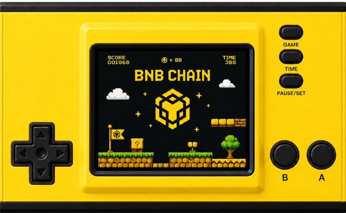 A yellow handheld gaming device displaying a retro platformer game on its screen, with the text 'BNB CHAIN' and the BNB logo, along with score '001268' and time '385'.