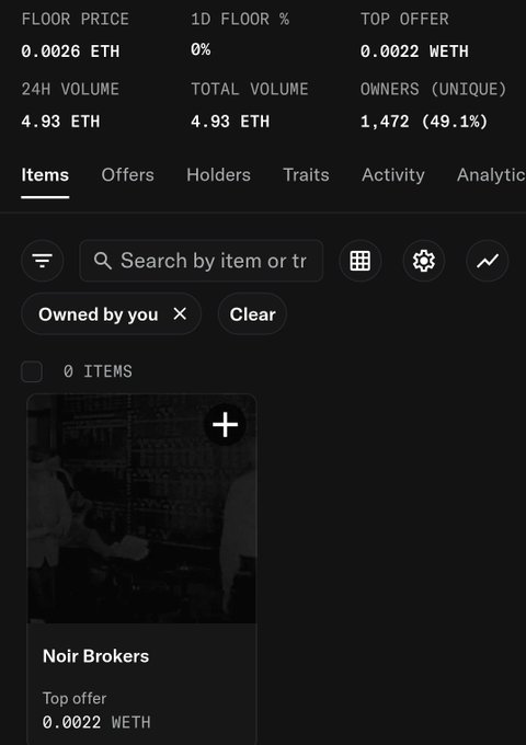 An NFT marketplace interface showing 'Noir Brokers' collection stats: floor price 0.0026 ETH, top offer 0.0022 WETH, 1,472 owners (49.1%), with a filter set to 'Owned by you'.
