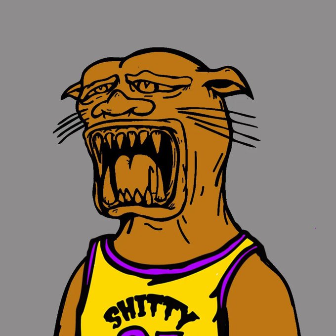 An illustrated orange-furred humanoid creature with an open-mouthed snarl wearing a yellow Lakers jersey that reads "SHITTY" connects to the post by referencing the Kobe Bryant Mamba Mint NFT incident, where many NFTs featuring a similar creature were unexpectedly minted to users without consent, leading some to jokingly try reselling them.