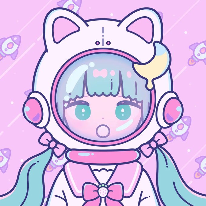 An anime-style illustration of a cute character wearing a white bear-themed space helmet with a paintbrush accent, set against a pink background with small rockets.