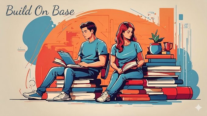 A colorful illustrated banner reading 'Build On Base' showing two young people (a man with a laptop and a woman with a book) sitting on stacks of books against an orange circular background.