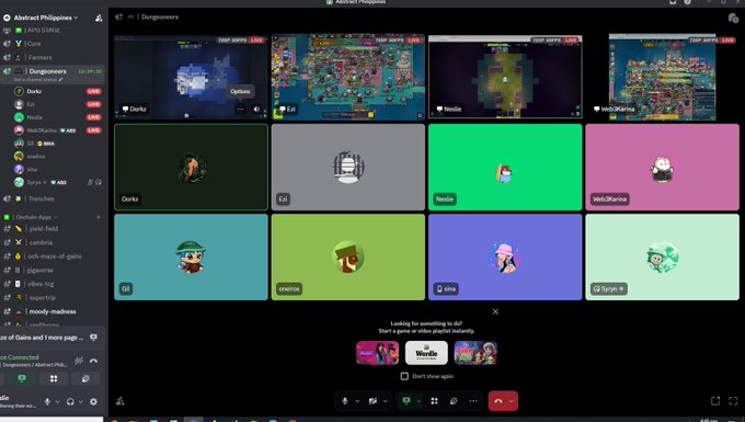 A Discord call interface showing multiple user avatars in colored tiles, with a 'Looking for something to do?' music sharing prompt at the bottom.