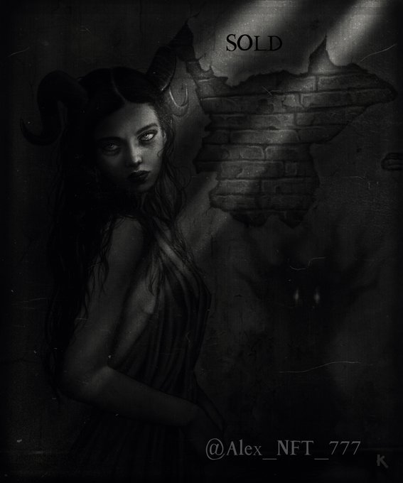 A dark, gothic digital artwork of a horned female figure in black and white, marked 'SOLD' at the top and signed '@Alex_NFT_777' at the bottom.