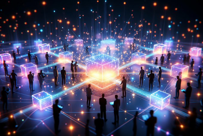 A stylized digital artwork depicting silhouetted people connected through glowing transparent cubes and light networks, representing quantum computing or technological collaboration.