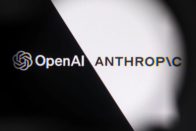 A split-screen graphic displays the OpenAI logo on a black background on the left and the Anthropic logo on a white background on the right, separated by a diagonal line.