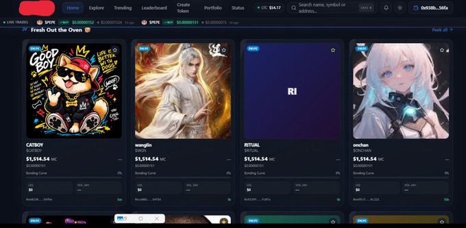 An NFT marketplace interface displays a 'Fresh Out the Oven' section featuring four token listings including 'CATBOY' at $1,514.54 MC, 'wangtim', 'RITUAL', and 'onchain', all priced at $1,514.54 MC on the IBC blockchain.