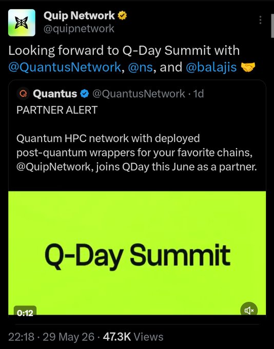 The image depicts a person named Quiip Network looking forward to a Q-Day Summit, which has an appealing color scheme of green and white. The image also shows that there are 12 viewers interested in attending this summit. One of these viewers is a partner who is identified by the code @quipnetwork. Quiip Network mentions that they have gathered many videos from attendees on YouTube related to Quantum Conversations, highlighting their interest in this niche tech panel.