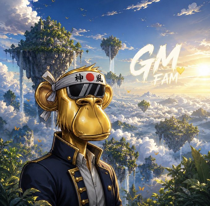 A digital illustration featuring a golden monkey wearing sunglasses and a headband with Japanese characters (神 and 風 with a red sun), set against a fantastical background of floating islands, with the text 'GM FAM' and a heart emoji.