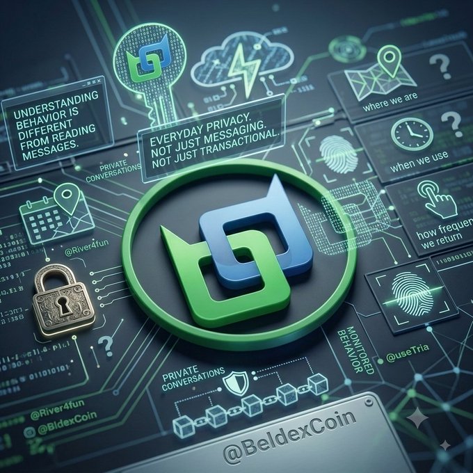 A stylized digital graphic featuring a green and blue interlocking logo surrounded by tech and privacy-related icons, with text highlighting 'EVERYDAY PRIVACY, NOT JUST MESSAGING, NOT JUST TRANSACTIONAL' and '@BeldexCoin'.
