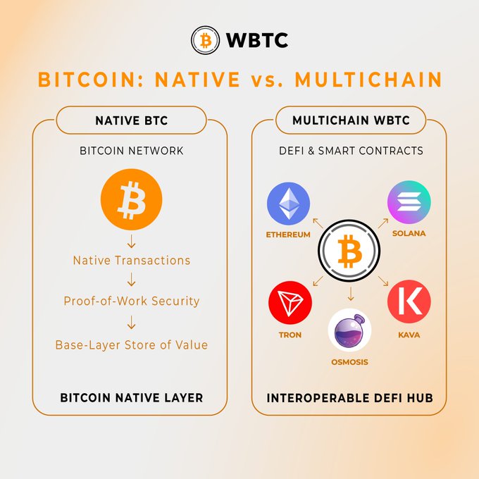 An infographic comparing 'BITCOIN: NATIVE vs. MULTICHAIN' showing Native BTC features (Bitcoin Network, Proof-of-Work Security) versus Multichain WBTC connecting to Ethereum, Solana, Tron, Osmosis, and Kava for DeFi and smart contracts.