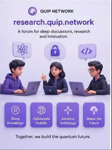 In this image is an advert for the Quip Network featuring three people working together on their laptops. The accompanying post says Quip Network launched research.quip.network, a forum for researchers, programmers and network operators to discuss quantum computing. The ad says that the Quip Network will "build the quantum future".